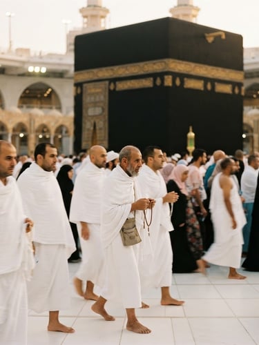 Warm editorial photography of pilgrims in white Ihram walking near the Kaaba during golden hour, soft sunlight, shallow depth of field, 35mm