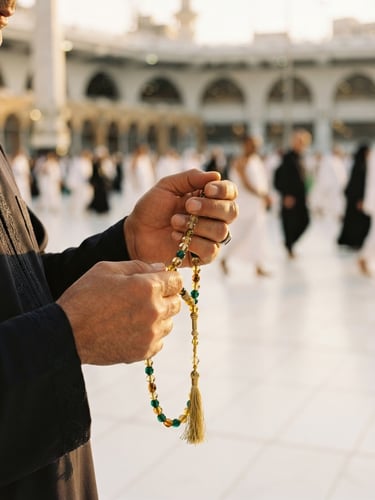 Warm editorial photography of a pilgrim's hands holding a golden-beaded tasbih against a soft-focus background of the white marble of the Grand Mosque, golden hour light, 35mm.