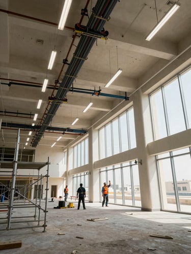 Wide-angle view of a UAE commercial building interior mid-maintenance, scaffolding and electrical conduit runs visible along ceiling, two workers in work clothes attending to overhead wiring under fluorescent site lighting, natural light entering from large windows on the right side