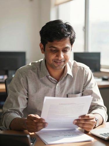 Portrait of a South Asian financial lead, mid-30s, professional and approachable, reviewing financial documents in a sunlit office, candid framing, natural bright daylight.