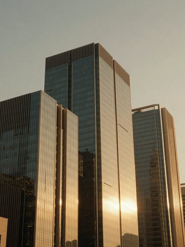 Warm editorial 35mm photography of modern Dubai architectural lines reflecting golden-hour light, sharp angles of steel and glass against a soft sky, wide cinematic composition.
