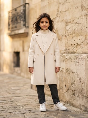 Editorial fashion portrait of a young girl in a minimalist cream wool coat and clean sneakers, standing against a bright stone wall in Paris, soft natural golden hour daylight, high-end editorial style