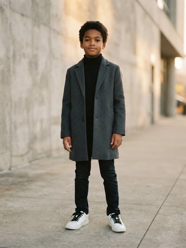 Editorial portrait of a stylish 10-year-old boy in a minimalist charcoal grey coat and white sneakers, standing against a clean concrete urban backdrop, soft golden hour sunlight, high-fashion photography style