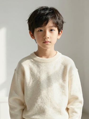 Elegant editorial portrait of a ten year old child in a minimalist bright room, wearing a cream wool sweater, soft natural daylight with warm gold highlights, shallow depth of field