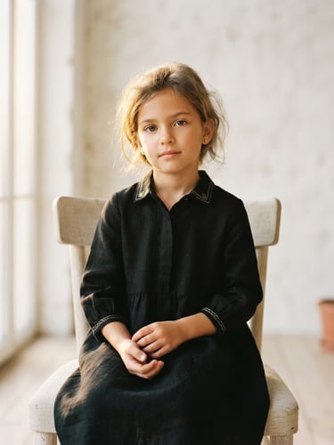 Elegant portrait of a child in a minimalist bright room, soft natural daylight with warm golden highlights, editorial fashion photography