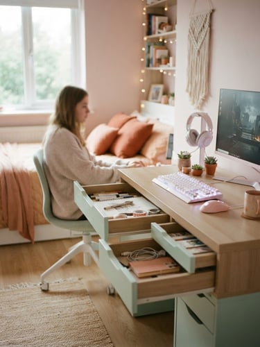 Teen bedroom with pastel wood gaming computer desk on the right, integrated storage drawers open, soft morning window light, subtle terracotta accents, shallow depth of field, 35mm.