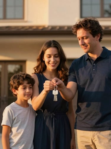 A family standing in front of their new modern house, holding keys, warm golden hour light, authentic emotional relief.