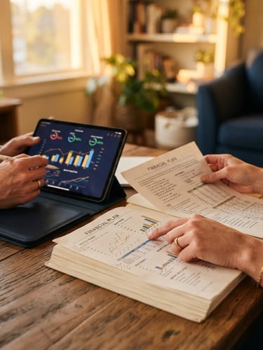 Close-up of hands reviewing financial planning documents and a tablet on a wooden table, warm golden hour light, rich navy accents.