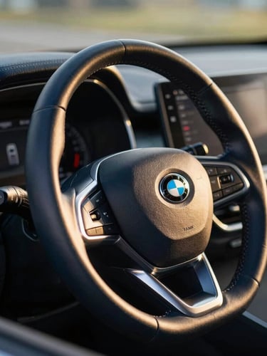 A modern car steering wheel and dashboard, warm natural light reflecting on leather, shallow depth of field, premium.