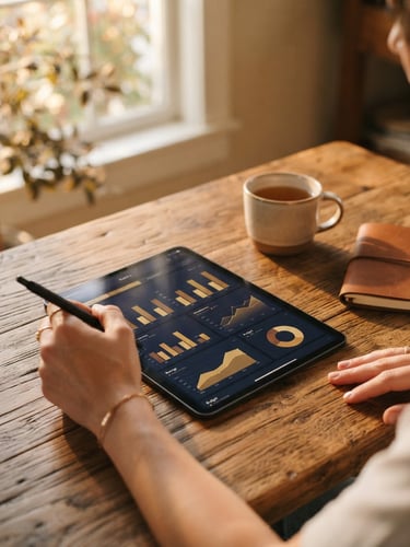 Close-up of a rustic wooden table with a tablet showing financial planning charts, hands holding a pen, soft morning light filtering through a window, warm tones.