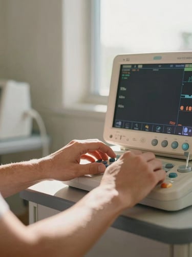 Close-up of hands calibrating a medical patient monitor in a bright, clean workshop, warm natural sunlight streaming through a window, 35mm lens.
