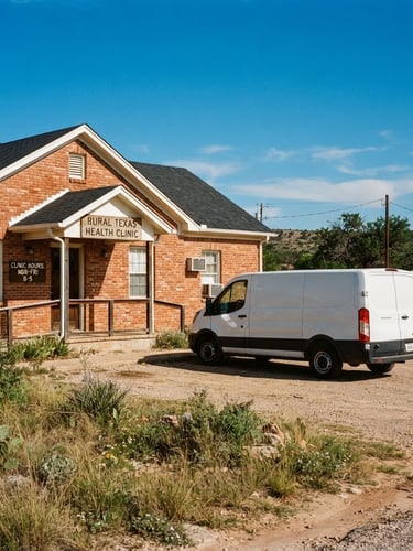 A white delivery truck parked outside a small brick rural Texas health clinic under bright, clear Texas sunlight, documentary style.