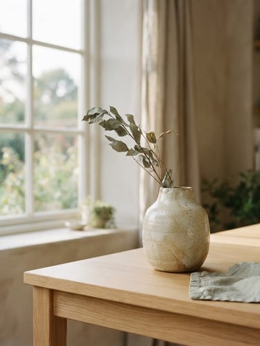 A sun-drenched minimalist interior with raw linen textures, a single ceramic vessel on a light oak table, soft morning window light, shallow depth of field.