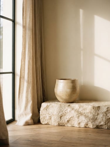 A minimalist sun-drenched interior corner with raw linen curtains, a single ceramic vessel on a textured stone plinth, soft morning window light with long gentle shadows, warm cream tones, 35mm photography.