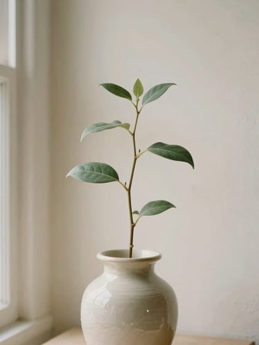 Vertical portrait of a single botanical stem in a handmade ceramic vessel, set against a textured plaster wall, soft morning window light, shallow depth of field