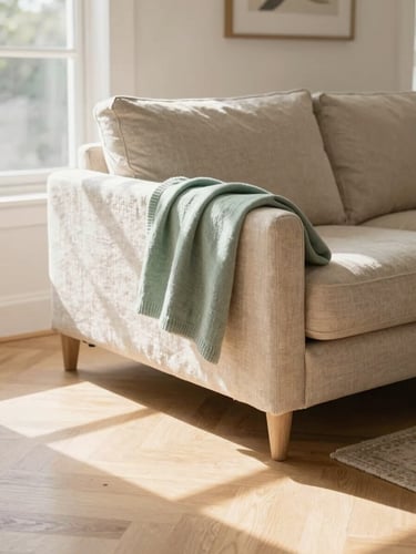 A sun-drenched immaculate living room with polished light oak floors, a linen sofa, and a soft sage green throw, warm diffused Oklahoma daylight