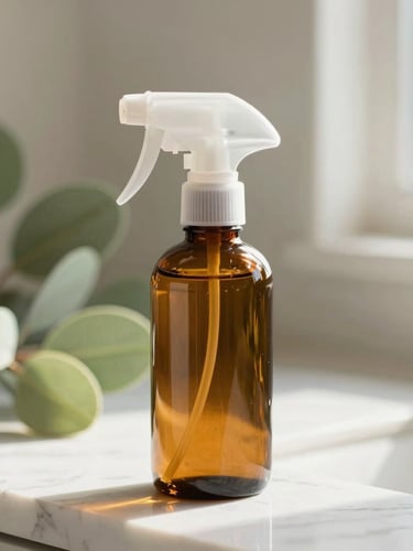 Close-up of a botanical cleaning spray in an amber glass bottle sitting on a pristine marble countertop, soft sage green foliage in the background, warm natural morning light, 35mm