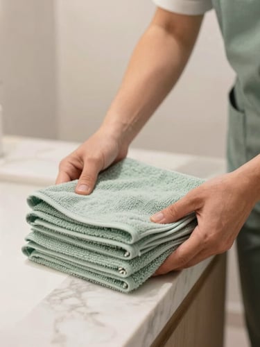 Close-up of a professional cleaner in a neat uniform placing folded organic cotton towels onto an immaculate marble bathroom counter, soft neutral lighting, 35mm