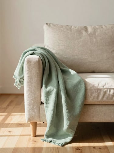 Bright sun-drenched minimalist living room with polished wood floors, a soft sage green throw on a beige linen couch, warm natural daylight streaming in.
