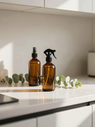 Sun-drenched immaculate kitchen counter with amber glass spray bottles and eucalyptus sprigs, bright editorial photography, 35mm