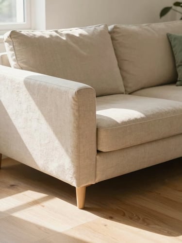 Sun-drenched immaculate living room with clean linen textures and a polished light wood floor, soft shadows, warm beige tones, editorial photography, 35mm