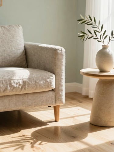 Sun-drenched, immaculate living room with soft linen textures, polished light oak floors, and a delicate olive branch in a ceramic vase on a warm beige table, bright natural daylight, 35mm
