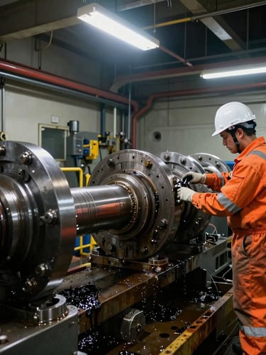 An experienced marine engineer in high-visibility orange gear calibrating a large crankshaft inside a maritime workshop, dramatic industrial lighting, high-contrast shadows