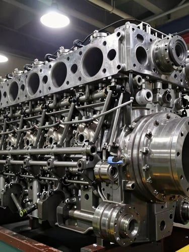 Close-up of a massive marine diesel engine cylinder head, harsh overhead industrial work lights, high-contrast steel and grease tones, wide-angle technical lens