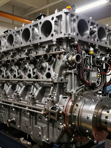 Close-up of a massive marine diesel engine cylinder head, harsh engine room lighting, high-contrast steel and grease tones, wide-angle technical lens