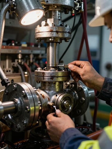 Close-up macro shot of a marine engineer in high-visibility gear calibrating a heavy-duty hydraulic valve, dramatic industrial lighting, harsh shadows.