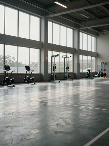 Interior of an empty modern clubhouse gymnasium in natural daylight, polished concrete floor, large windows, steel equipment in background, no people, architectural framing