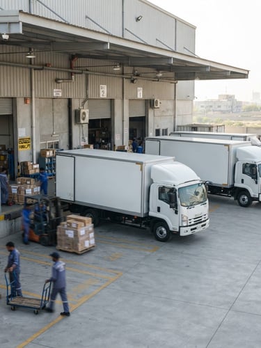 Bright commercial photography of branded delivery trucks parked in a clean warehouse loading bay in Multan, crisp morning daylight, sharp focus, 35mm lens.