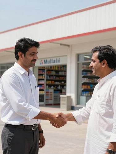 A professional handshake between a distributor representative and a local retail shop owner outside a clean store in Multan, bright daytime, 35mm lens.