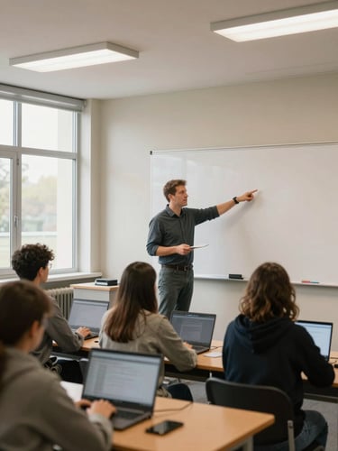 Wide environmental shot, an instructor standing at the front of a classroom pointing to a whiteboard, students at desks with laptops visible in the foreground, natural daylight through large windows on the left, warm institutional lighting overhead
