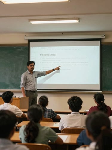 Wide shot of an instructor standing at the front of a classroom in Dhaka, pointing to a projected slide, students visible from behind at desks, warm overhead lighting, mid-class energy