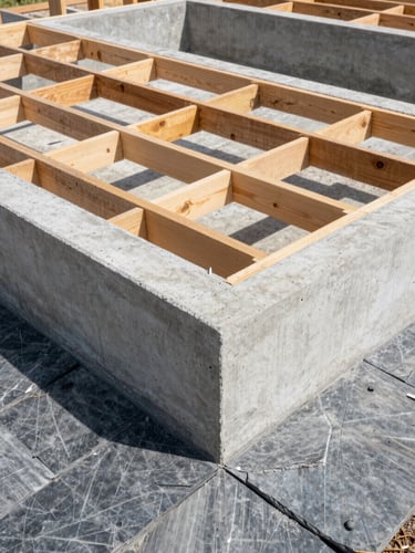 Crisp architectural photography of a freshly poured concrete foundation, sharp wooden formwork visible, bright direct Georgia sunlight casting crisp shadows, wide-angle lens.