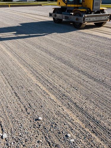 Low-angle architectural shot of a freshly graded gravel sub-base, heavy steel compaction equipment, bright Georgia morning sunlight casting long shadows.