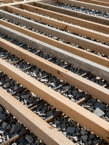 Close-up architectural photograph of clean wooden formwork with steel rebar grid laid over compacted gravel, bright afternoon sunlight highlighting textures.