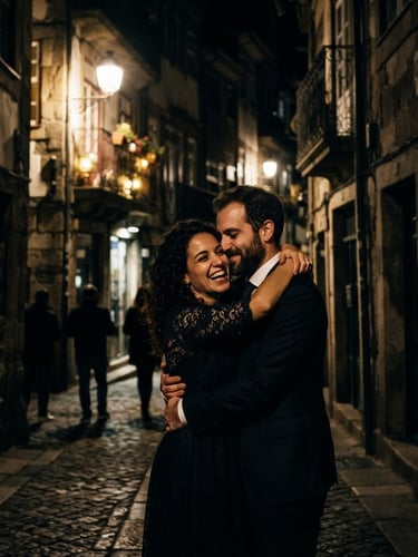 Cinematic high-contrast portrait of Sofia and Miguel, unposed, embracing on a historic street in Porto, dramatic low-key lighting, deep shadows, architectural backdrop, 35mm film grain, warm golden accents.