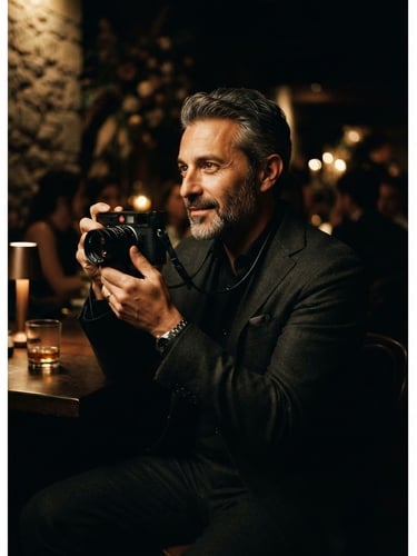 Professional portrait of Fabio Ramunno, a male photographer with a sophisticated, artistic demeanor, against a soft, dark background, cinematic low-key lighting, deep shadows, warm golden accents, rich contrast, 35mm film grain.