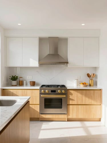 Straight-on architectural photograph of a bright, newly remodeled kitchen with clean quartz countertops and warm gold fixtures, natural daylight pouring in.