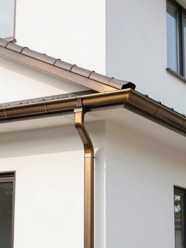 Close-up of a clean, perfectly aligned bronze-toned seamless gutter seam on a modern home exterior, sharp focus, natural daylight.