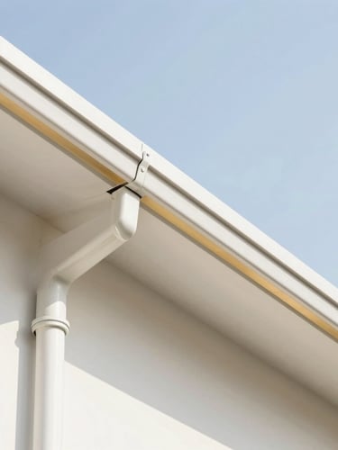 Crisp, newly aligned seamless gutter system running along a clean roofline, bright daylight, sharp focus, architectural detail