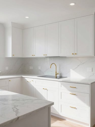 Wide-angle architectural shot of a bright, newly remodeled kitchen in Birmingham. Clean lines, white shaker cabinets, white quartz countertops with subtle gray veining, warm gold hardware, natural daylight pouring in from a side window, sharp focus.