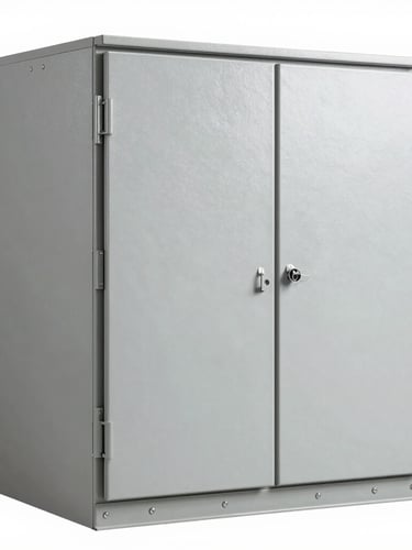 Straight-on technical shot of an industrial electrical enclosure, clean gray steel plating, heavy-duty latches, neutral studio lighting, white background
