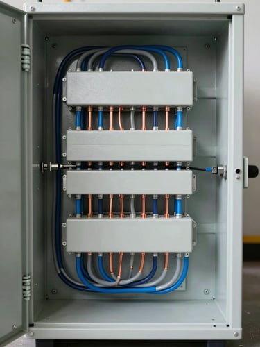 Straight-on technical studio shot of an open modular industrial electrical panel, clean wiring paths with blue and grey cables, visible copper busbars, high clarity, bright neutral daylight, no warm filters.