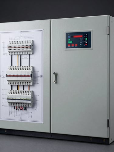 Technical blueprint of an electrical panel layout next to a physical gray thermoplastic enclosure, high contrast, studio lighting.