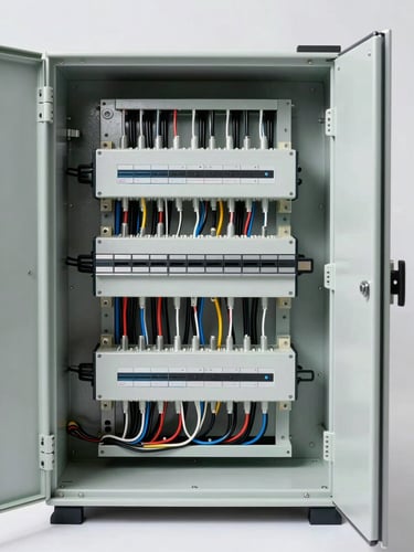 Technical straight-on shot of an open modular electrical panel, clean wiring paths, high-resolution metal thickness visible, bright neutral studio lighting, professional engineering layout.