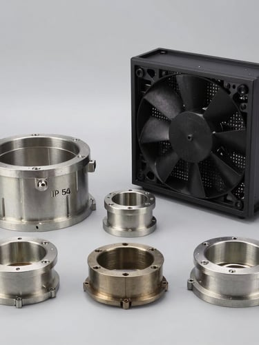 Straight-on technical studio shot of industrial cable glands and IP54 fan filters arranged neatly on a clean gray background, sharp focus, technical lighting.