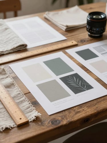 Soft-lit workspace interior of a boutique design studio in Vineyard, Utah, with linen swatches, wooden rulers, and printed visual identity mockups arranged on a rustic table, warm diffused daylight.